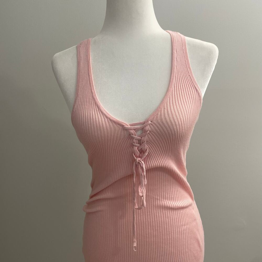 Charlotte Russe Pink Ribbed Lace-Up Bodycon Mini Dress Sz Small Pink Racerback